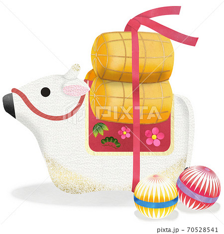 丑年　和紙貼り絵風　白い牛の土鈴と米俵と手毬のカットイラスト 70528541