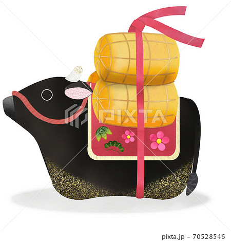 丑年　和紙貼り絵風　黒毛和牛の土鈴と米俵のカットイラスト 70528546