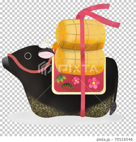 丑年　和紙貼り絵風　黒毛和牛の土鈴と米俵のカットイラスト 70528546
