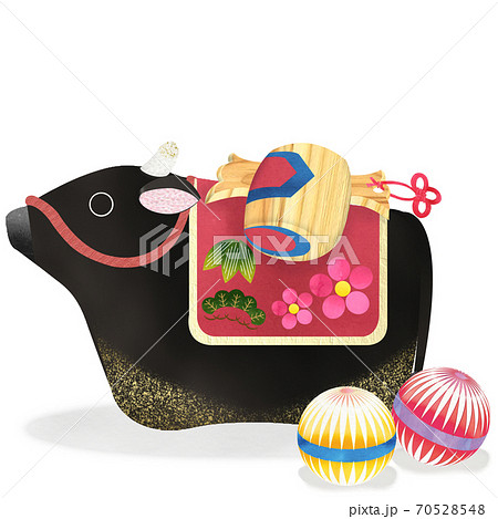 丑年 和紙貼り絵風 黒毛和牛の土鈴と小槌と手毬のカットイラスト 丑年 和紙貼り絵風 黒毛和牛の土鈴と小槌と手毬のカットイラスト 70528548