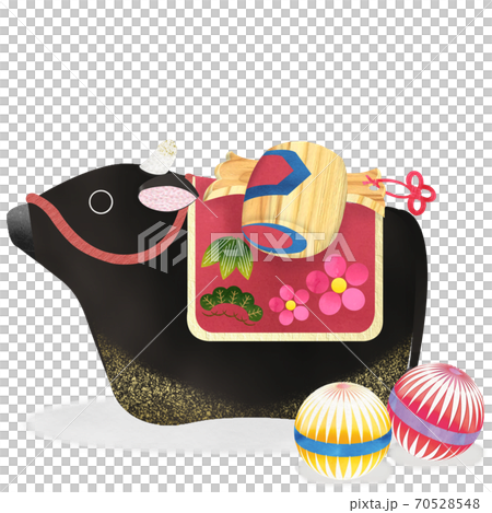 丑年 和紙貼り絵風 黒毛和牛の土鈴と小槌と手毬のカットイラスト 丑年 和紙貼り絵風 黒毛和牛の土鈴と小槌と手毬のカットイラスト 70528548