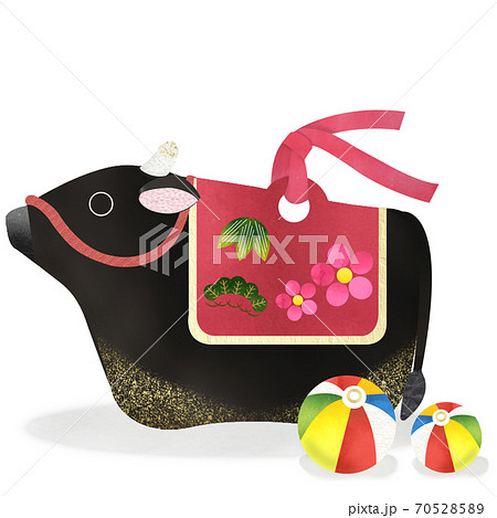 丑年 和紙貼り絵風 黒毛和牛の土鈴と紙風船のカットイラスト 丑年 和紙貼り絵風 黒毛和牛の土鈴と紙風船のカットイラスト 70528589