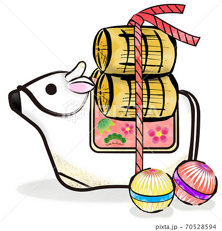 丑年 筆ストローク 白い牛の土鈴と米俵と手毬のカットイラストのイラスト素材