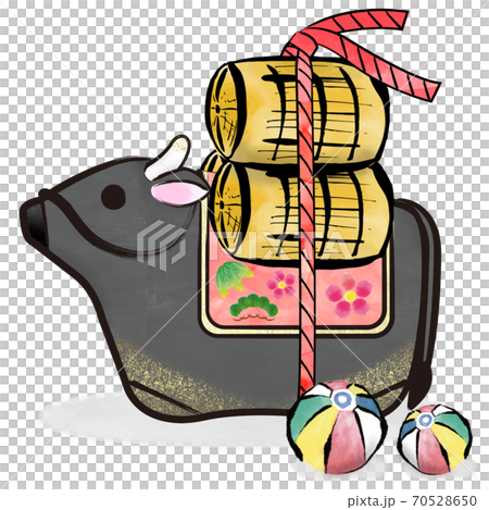 丑年 筆ストローク 黒毛和牛の土鈴と米俵と紙風船のカットイラストのイラスト素材