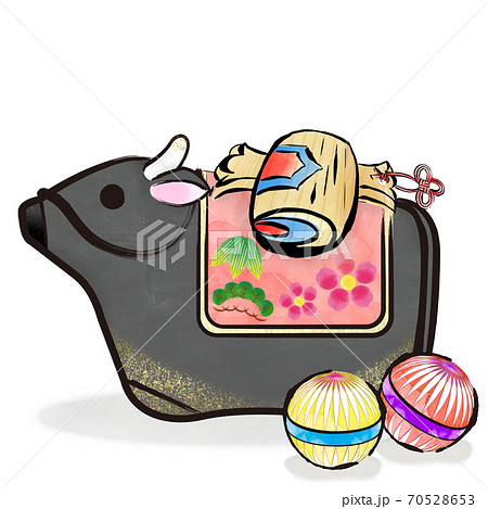 丑年　筆ストローク　黒毛和牛の土鈴と小槌と手毬のカットイラスト 70528653