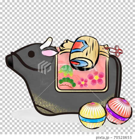 丑年　筆ストローク　黒毛和牛の土鈴と小槌と手毬のカットイラスト 70528653