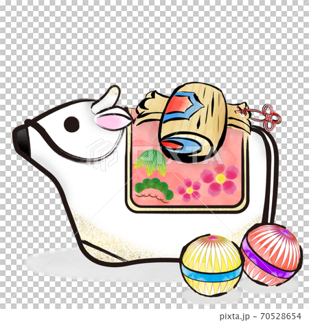 丑年 筆ストローク 白い牛の土鈴と小槌と手毬のカットイラスト 丑年 筆ストローク 白い牛の土鈴と小槌と手毬のカットイラスト 70528654