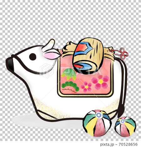 丑年 筆ストローク 白い牛の土鈴と小槌と紙風船のカットイラストのイラスト素材