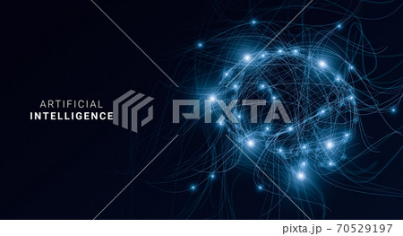 AI. Digital brain shaped with blue neural connection lines and glowing dots AI. Digital brain shaped with blue neural connection lines and glowing dots 70529197