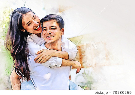 Happiness young couple lover fun and resting in summer holiday at home on watercolor illustration painting background.  70530269