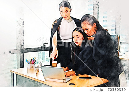 Abstract young secretary is checking the documents on the desk in office on watercolor illustration painting background. Abstract young secretary is checking the documents on the desk in office on watercolor illustration painting background. 70530339