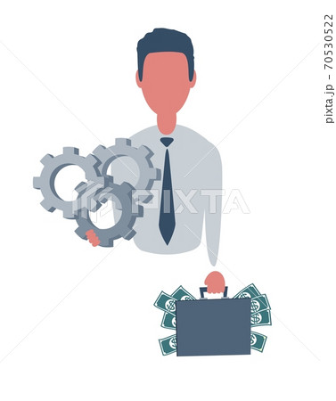 Businessman or clerk holding a suitcase with money and a gears. Male character in simple style, flat 70530522