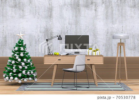 Christmas interior workspace with computer. 3d render 70530778