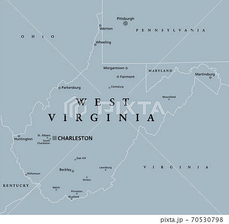 West Virginia, WV, gray political map. State in the Appalachian region of the Southern United States and in the Mid-Atlantic Southeast Region. Capital Charleston. Mountain State. Illustration. Vector. 70530798