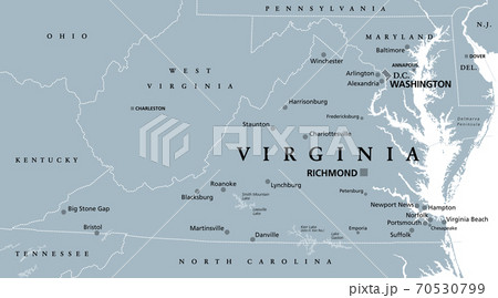 Virginia, VA, gray political map. Commonwealth of Virginia. State in Southeastern and Mid-Atlantic region of United States. Capital Richmond. Old Dominion. Mother of Presidents. Illustration. Vector. 70530799