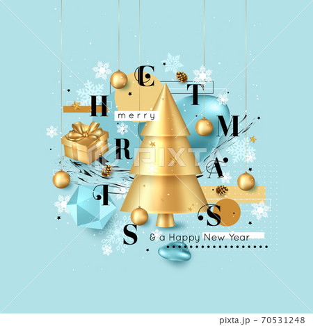 Merry Christmas and Happy New Year background. 2020 greeting card. Holiday vector illustration with Christmas tree, gold gift box, hanging balls. Merry Christmas and Happy New Year background. 2020 greeting card. Holiday vector illustration with Christmas tree, gold gift box, hanging balls. 70531248