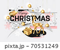 Merry Christmas and Happy New Year background. 2020 greeting card. Collage design. Holiday vector illustration with gold deer, gift box, snowflakes, stars and hanging balls. 70531249