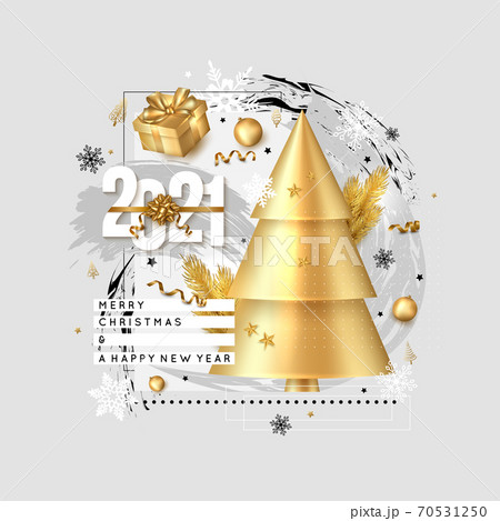 Merry Christmas and Happy New Year background. 2021 greeting card. Collage design with Christmas tree branches , gift box, balls, snowflake, serpentine gold Merry Christmas and Happy New Year background. 2021 greeting card. Collage design with Christmas tree branches , gift box, balls, snowflake, serpentine gold 70531250