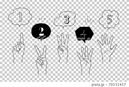 ハンドジェスチャーの数字の手描きイラストのセット／手／かわいい／おしゃれ／番号／ポーズ／ピース 70531457