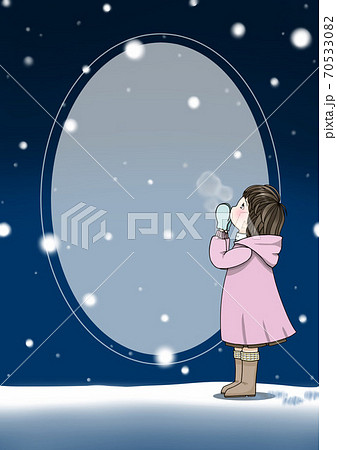 夜空の雪を見る女の子 丸いコピースペース のイラスト素材