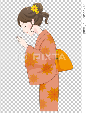 手を合わせ祈る着物姿の女性のイラスト素材