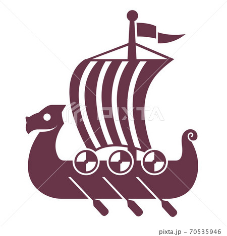 black viking ship icon with sail and oars. black viking ship icon with sail and oars. 70535946
