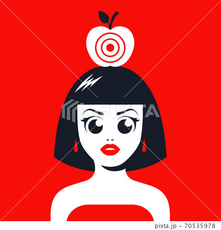 girl with an apple on her head with a target for shooting. girl with an apple on her head with a target for shooting. 70535978