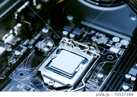 Motherboard of a personal computer, processor close-up. Modern technologies, computer architecture Motherboard of a personal computer, processor close-up. Modern technologies, computer architecture 70537366