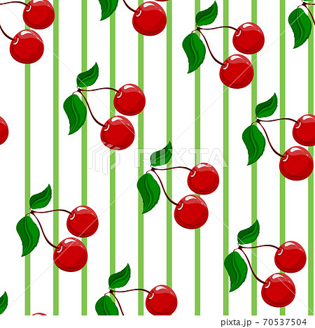 Childrens pattern. Seamless pattern with cheerful cherries and green stripes. Bright and memorable drawing. Childrens pattern. Seamless pattern with cheerful cherries and green stripes. Bright and memorable drawing. 70537504