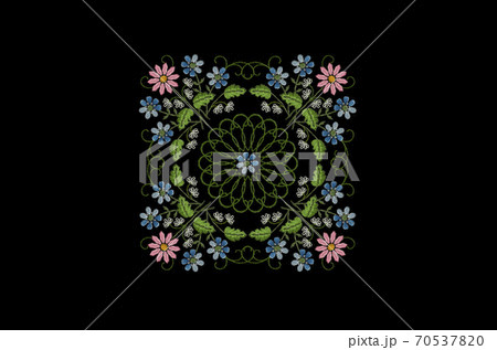 Pattern for embroidered square frame with bouquets of pink marguerite,violets and white flowers and round openwork ornament and violet in the center on black background Pattern for embroidered square frame with bouquets of pink marguerite,violets and white flowers and round openwork ornament and violet in the center on black background 70537820