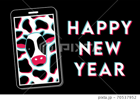 年賀状テンプレート　丑年　イラスト　牛　happy new year　スマホ 70537952