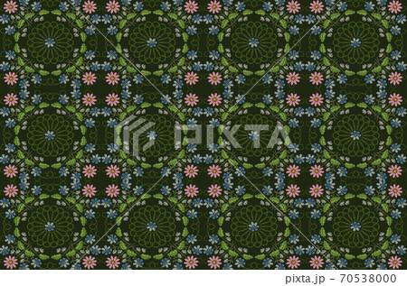 Dark green background with embroidered satin stitch of squares with bouquets of pink marguerite flowers, violets and white flowers on spun twigs with leaves Dark green background with embroidered satin stitch of squares with bouquets of pink marguerite flowers, violets and white flowers on spun twigs with leaves 70538000