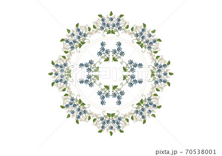 Embroidered frame of bouquets with small white flowers and violets, leaves on twigs and round frame made of beads Embroidered frame of bouquets with small white flowers and violets, leaves on twigs and round frame made of beads 70538001