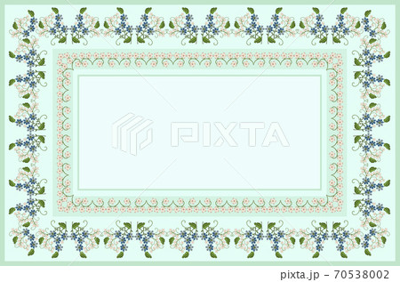Pattern for embroidery of a light green tablecloth with bouquets of blue violets and delicate white flowers on twigs with leaves Pattern for embroidery of a light green tablecloth with bouquets of blue violets and delicate white flowers on twigs with leaves 70538002