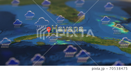 Havana city and rainy weather icon on the map, weather forecast related 3D rendering Havana city and rainy weather icon on the map, weather forecast related 3D rendering 70538475