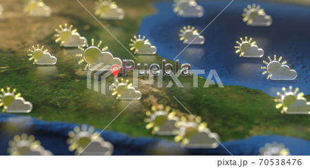 Partly cloudy weather icons near Puebla city on the map, weather forecast related 3D rendering Partly cloudy weather icons near Puebla city on the map, weather forecast related 3D rendering 70538476