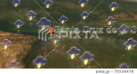 Santa cruz de la sierra city and stormy weather icon on the map, weather forecast related 3D rendering 70538478