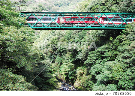 出山の鉄橋を渡る箱根登山鉄道「氷河急行」 70538656