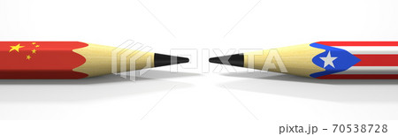 Opposing pencils with flags of China and Puerto Rico. Conflict concept, 3d rendering Opposing pencils with flags of China and Puerto Rico. Conflict concept, 3d rendering 70538728