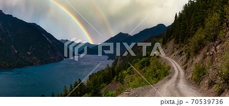 Beautiful Panoramic view of a Dirt Road in the Mountain Valley near Lake 70539736