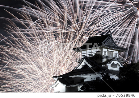 【愛知県犬山市】日本ライン夏まつり納涼花火大会。花火と犬山城。 【愛知県犬山市】日本ライン夏まつり納涼花火大会。花火と犬山城。 70539946