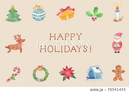 クリスマスカード 水彩アイコン HAPPY HOLIDAYS クリスマスカード 水彩アイコン HAPPY HOLIDAYS 70541455