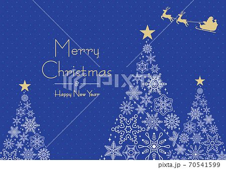 雪の結晶でできたクリスマスツリーとサンタのフレームa 横 青 文字ありのイラスト素材
