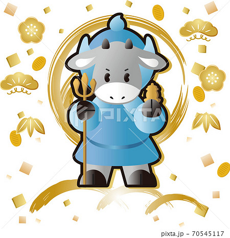 年賀状 2021 丑年 牛の七福神 毘沙門天 イラスト素材 年賀状 2021 丑年 牛の七福神 毘沙門天 イラスト素材 70545117