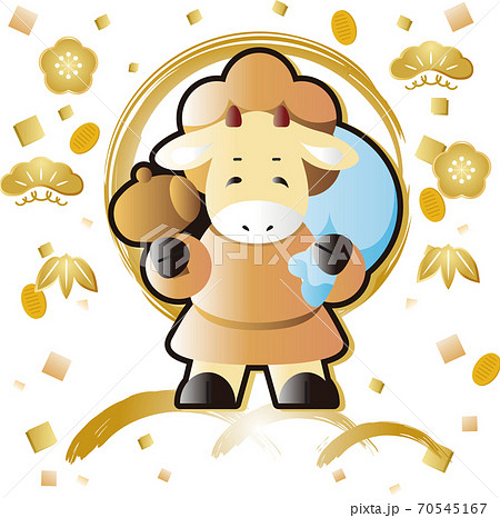 年賀状　2021　丑年　牛の七福神　大黒天　イラスト素材 70545167