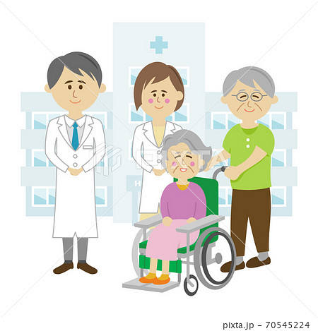 総合病院の前で患者と先生のイラストイメージ 70545224
