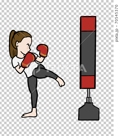 スタンド型サンドバックでキックボクシングの練習をする女性のイラストのイラスト素材