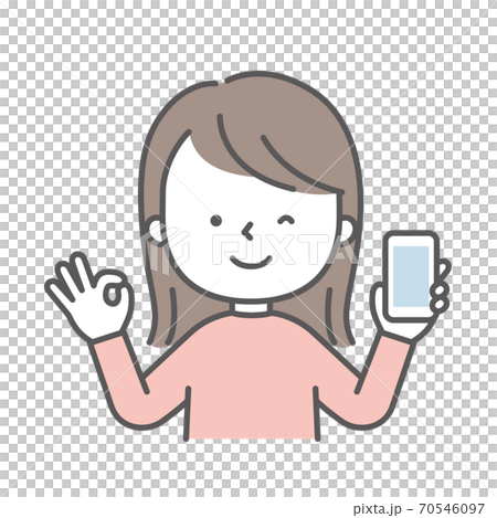 スマホを持ってokのポーズをする笑顔の女性イラストのイラスト素材