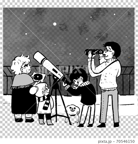 屋上で天体観測をする人々 モノクロ のイラスト素材 70546150 Pixta