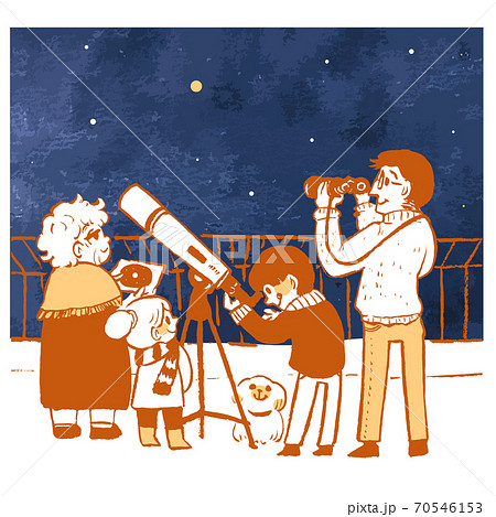 屋上で天体観測をする人々のイラスト素材